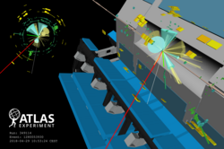 Eventdisplay eines mit ATLAS in Run II aufgezeichneten Ereignisses, das die Signatur für die Produktion von vier Top-Quarks aufweist.